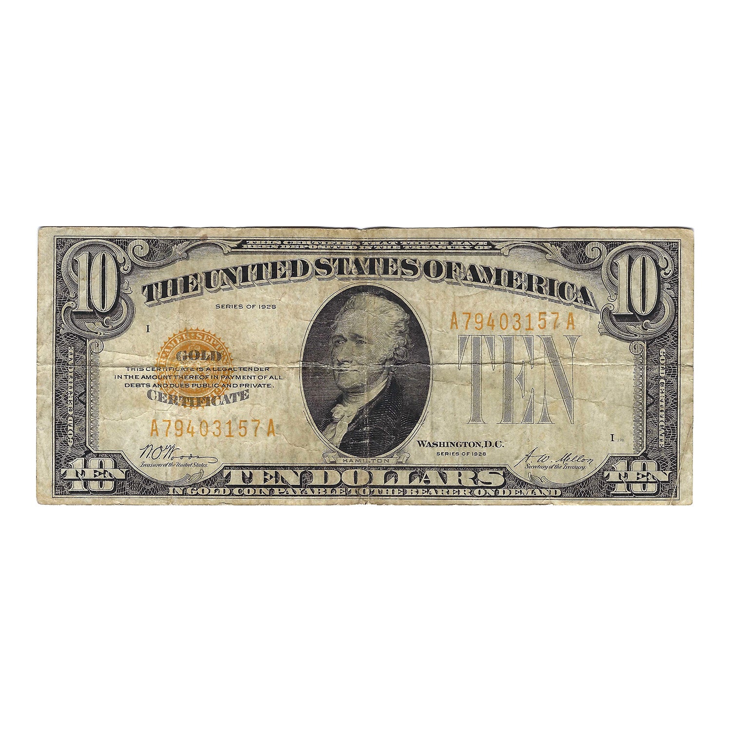 1928 $10 Small Size Gold Certificate Woods-Mellon Circulated Condition