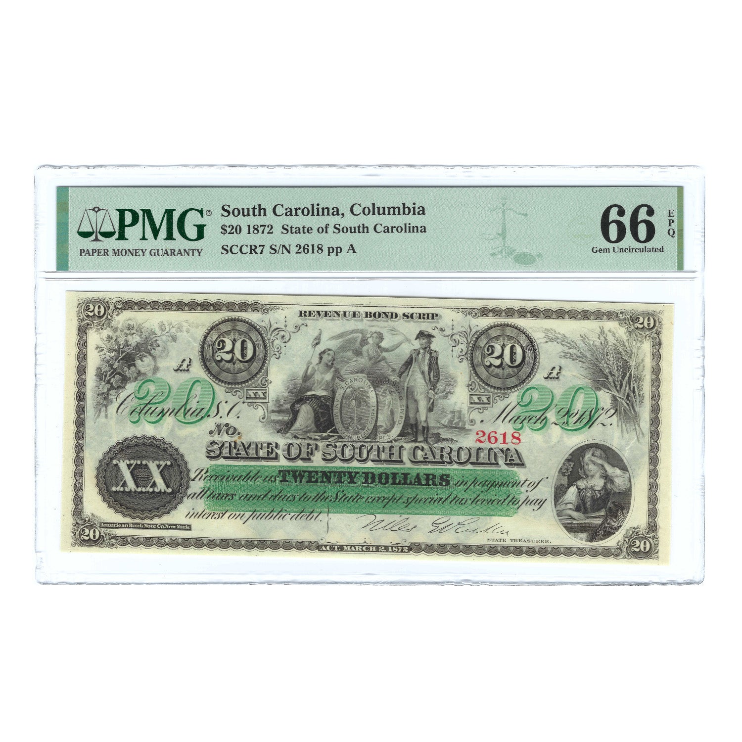 1872 $20 State of South Carolina Obsolete Bank Note PMG 66 Gem Unc EPQ