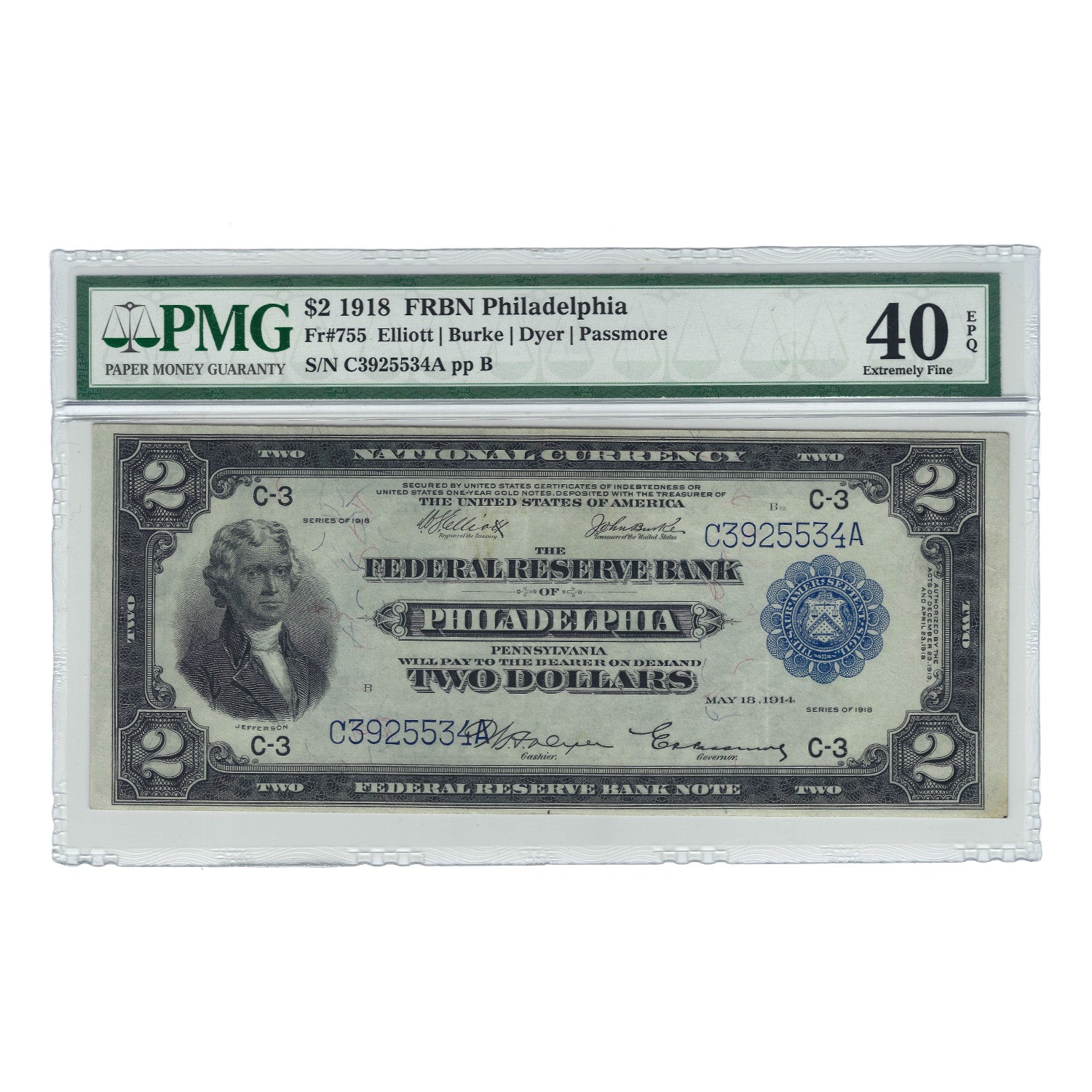 1918 $2 Large Size Federal Reserve Bank Note Philadelphia PMG 40 Extremely Fine EPQ
