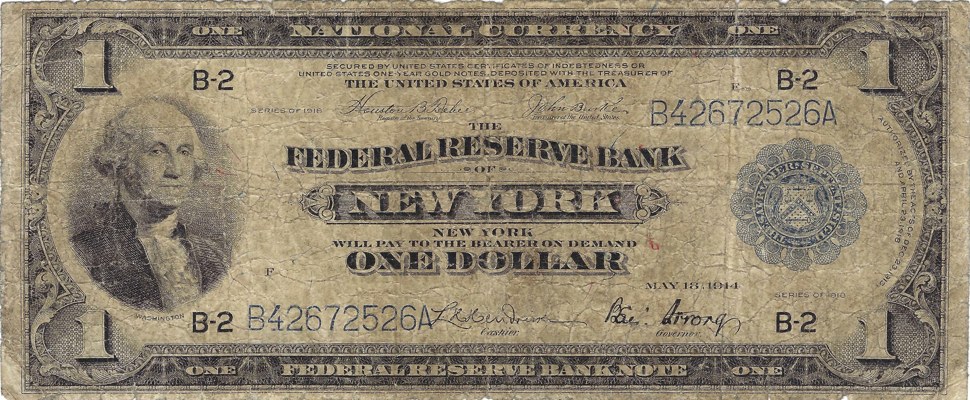 1914 $1 Federal Reserve Bank Note, New York, Circulated