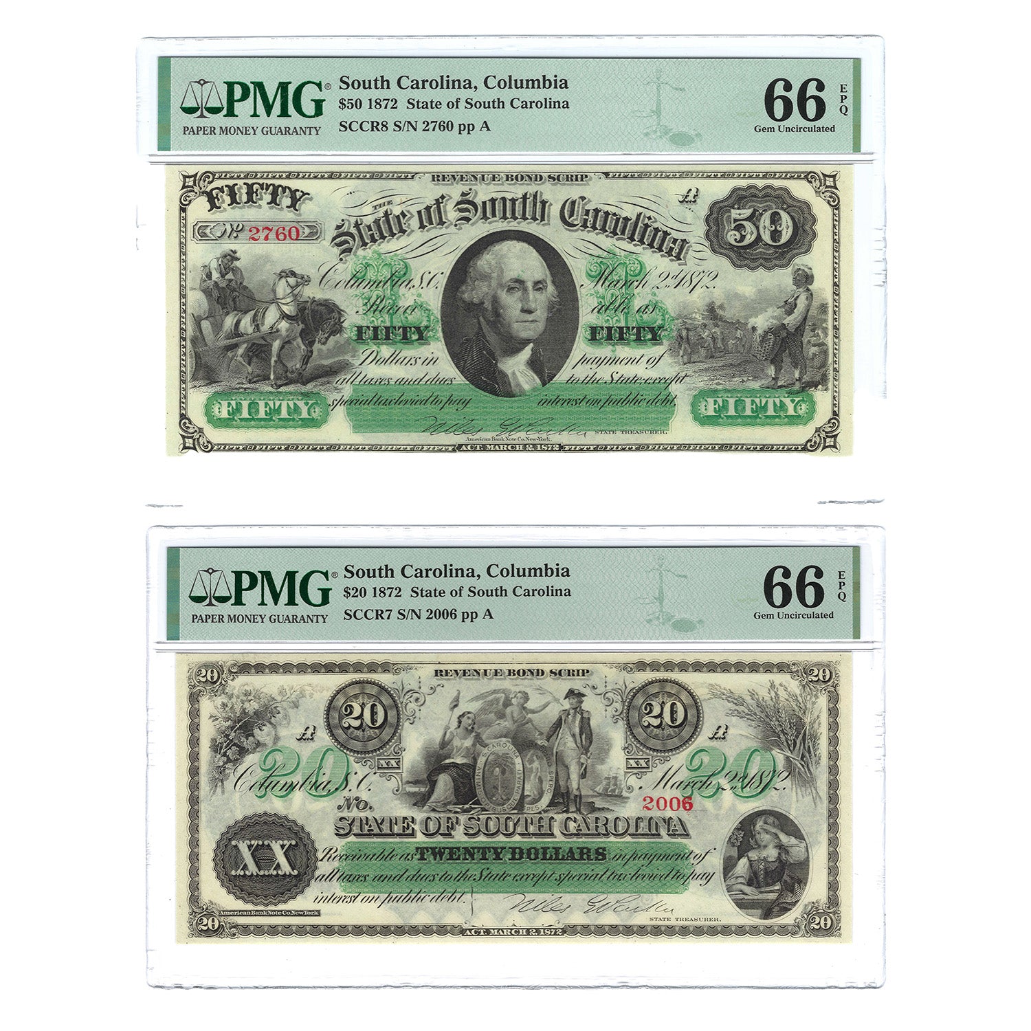 1872 $20 & $50 State of South Carolina Obsolete Bank Notes PMG Gem Unc 66 EPQ