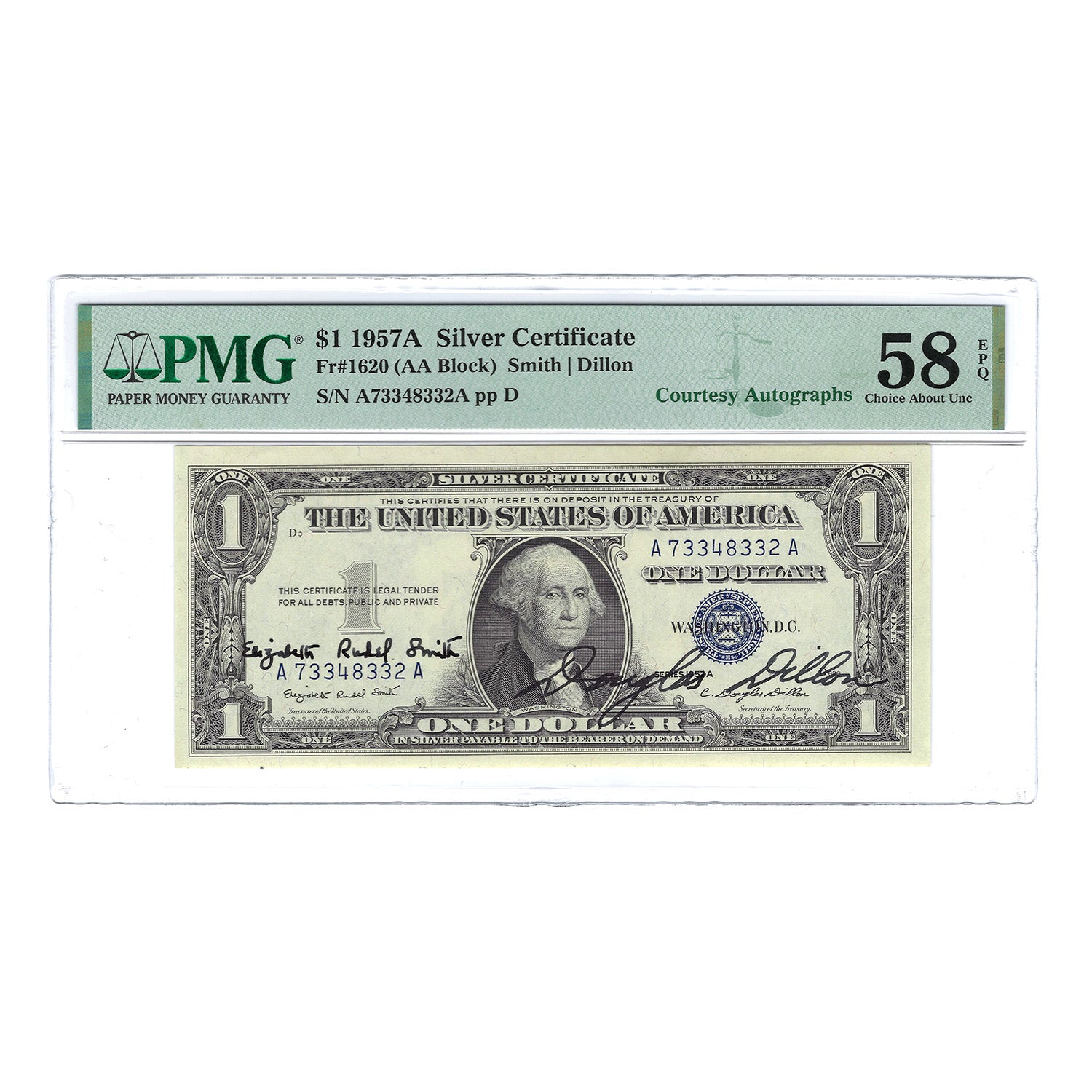 1957-A $1 Small Size Silver Certificate Smith-Dillon Courtesy Autograph PMG 58 About Unc