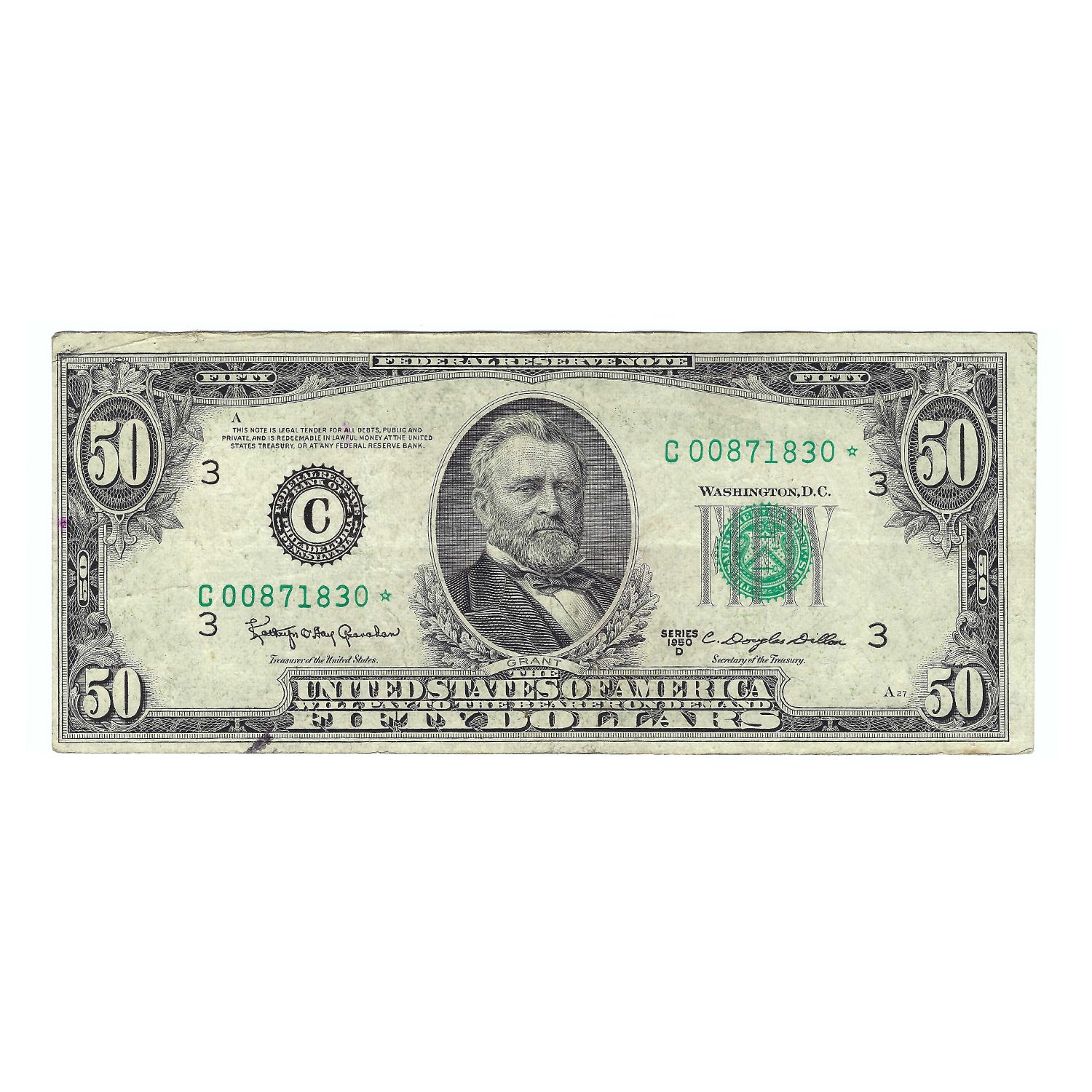 1950-D $50 Small Size Federal Reserve Star Note, Granahan-Dillon, Circulated Condition