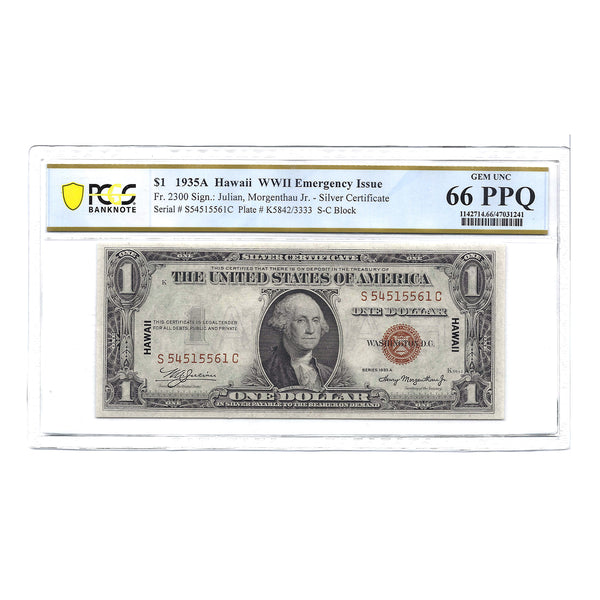 1935-A $1 Small Size Silver Certificate Hawaii WII Emergency Issue PCGS 66 Gem Unc PPQ
