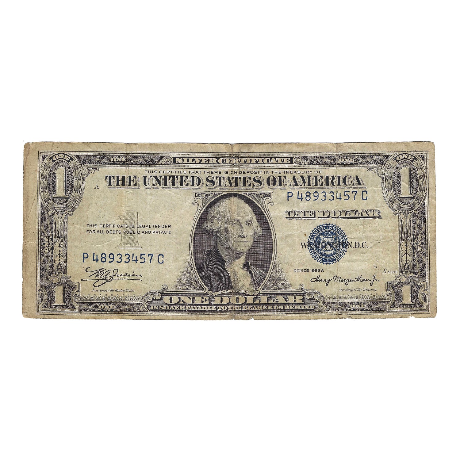 1935-A $1 Sm Size Silver Certificate, Julian-Morgenthau, Miscut Reverse With Sheet Label