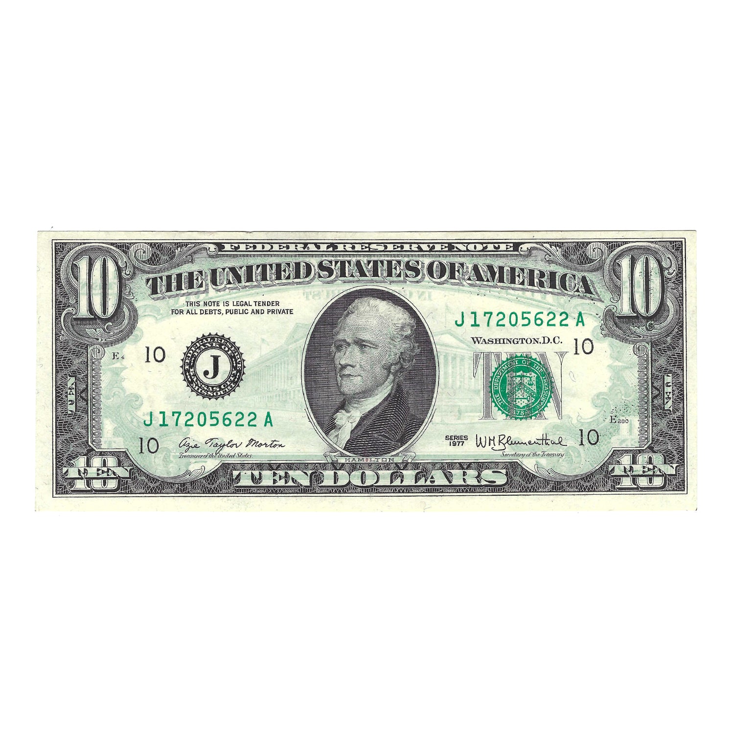1977 $10 Small Size Federal Reserve Note, Morton-Blumenthal, Wet Ink Transfer Error
