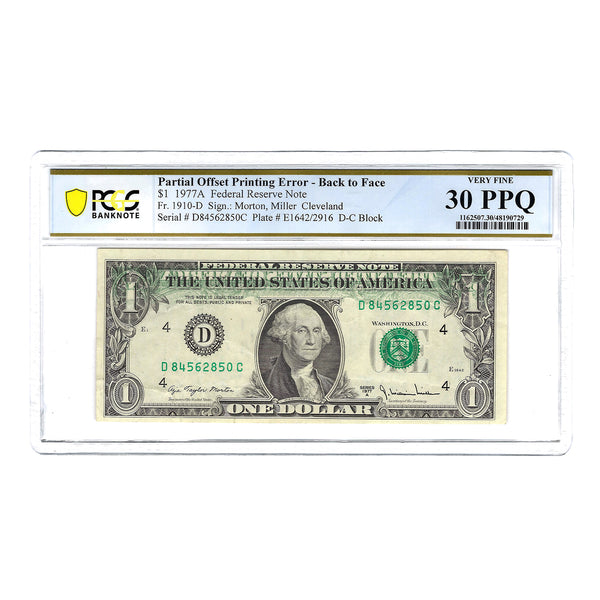 1977-A $1 Small Size Federal Reserve Note Partial Offset Printing PCGS Very Fine 30 PPQ