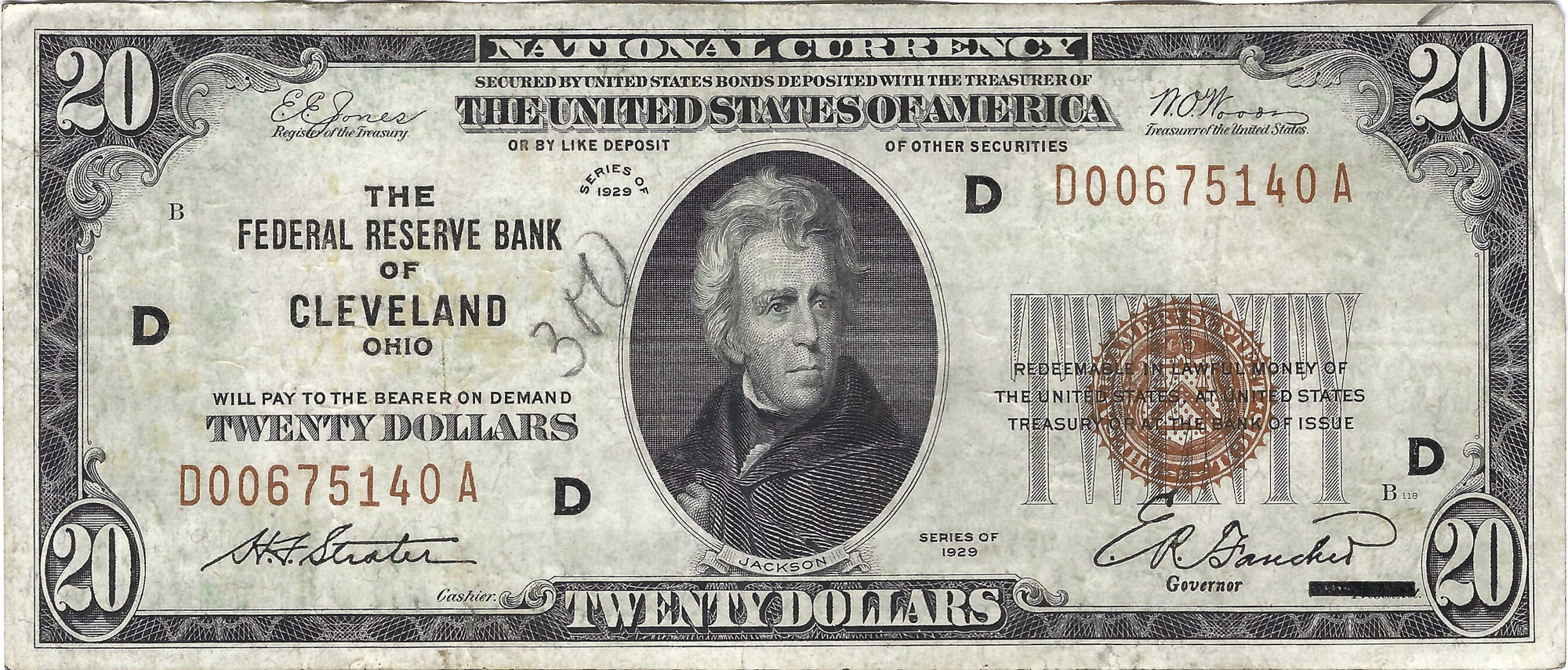 1929 $20 Small Size Federal Reserve Bank Note, Cleveland, Ohio, Circulated