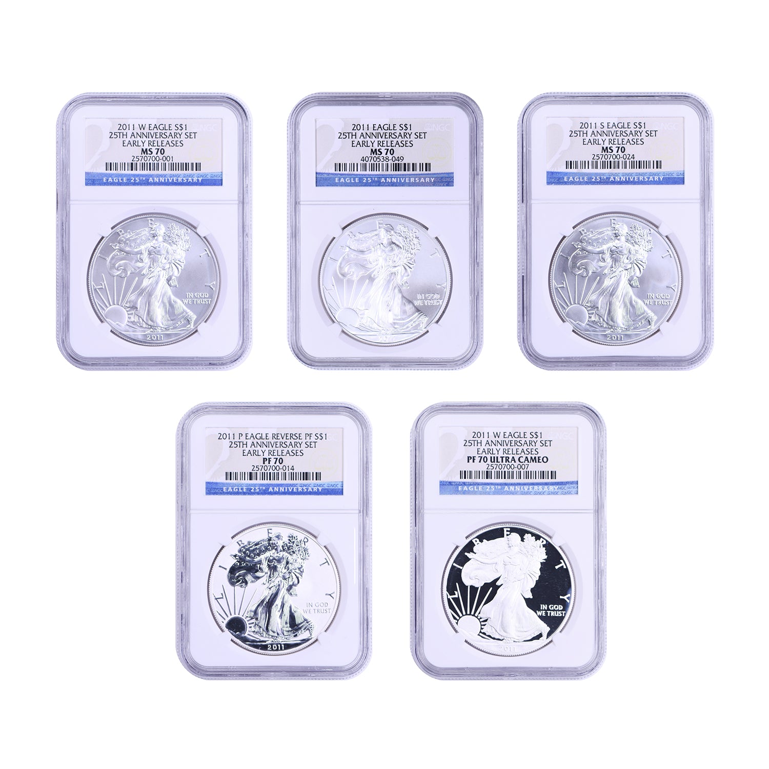 2011 American Silver Eagle 25th Anniversary 5-Coin Set NGC 70 Early Releases