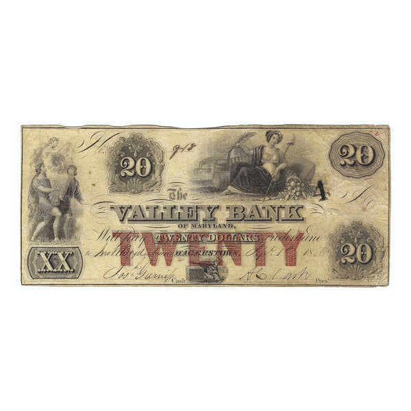 1856 $20 The Valley Bank of Maryland, Hagerstown, MD Obsolete Bank Note