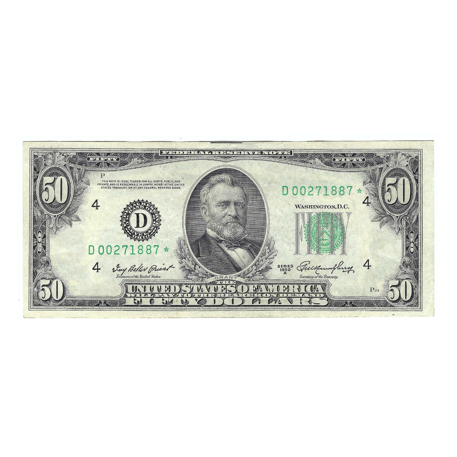 1950-A $50 Small Size Federal Reserve Star Note, Priest-Humphrey, Uncirculated