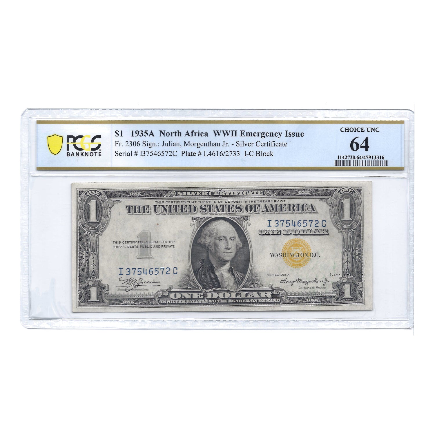1935-A $1 Sm Size Silver Certificate North Africa WII Emergency Issue PCGS 64 Choice Unc