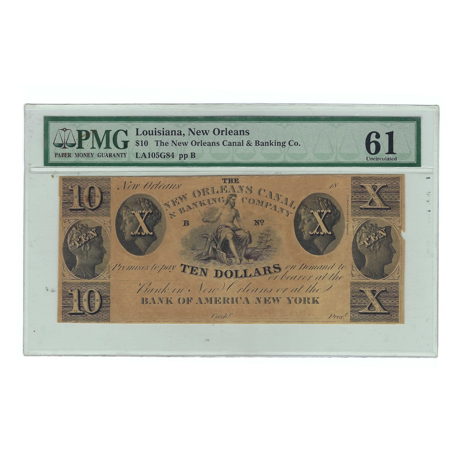 1800's $10 New Orleans Canal & Banking Co. Obsolete Bank Note PMG 61 Uncirculated