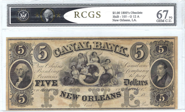 1800s $5 Obsolete Bank Note, Canal Bank, New Orleans, Louisiana, Uncirculated Condition