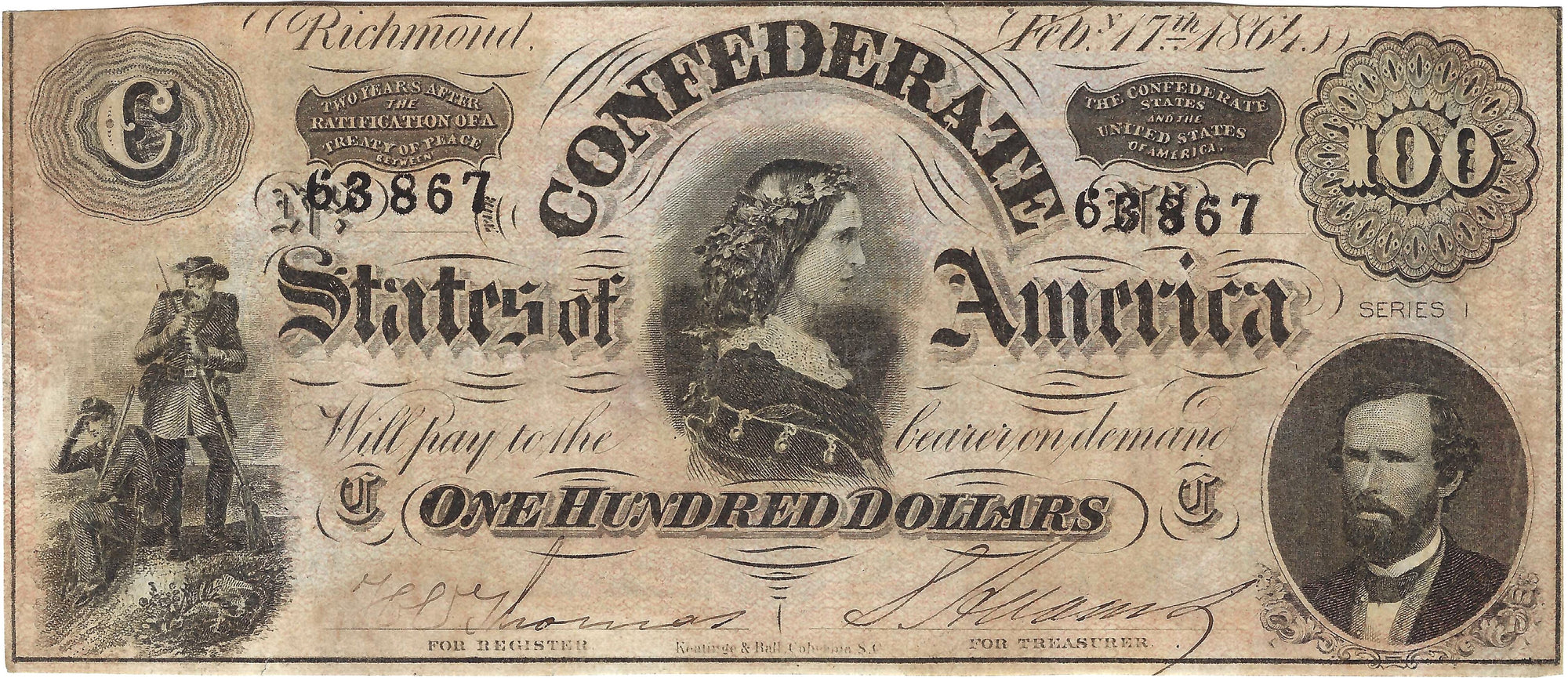 1864 $100 Confederate States of America, Richmond Virginia, Circulated Condition