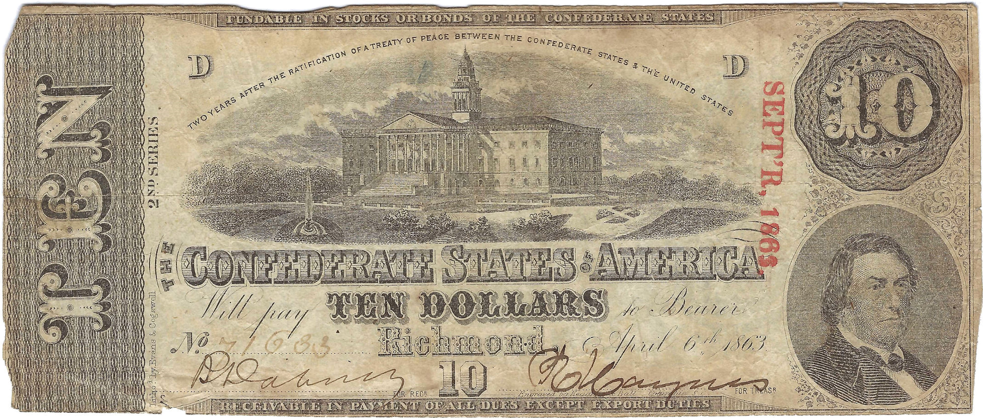 1863 $10 Confederate States of America, Richmond Virginia, Circulated Condition