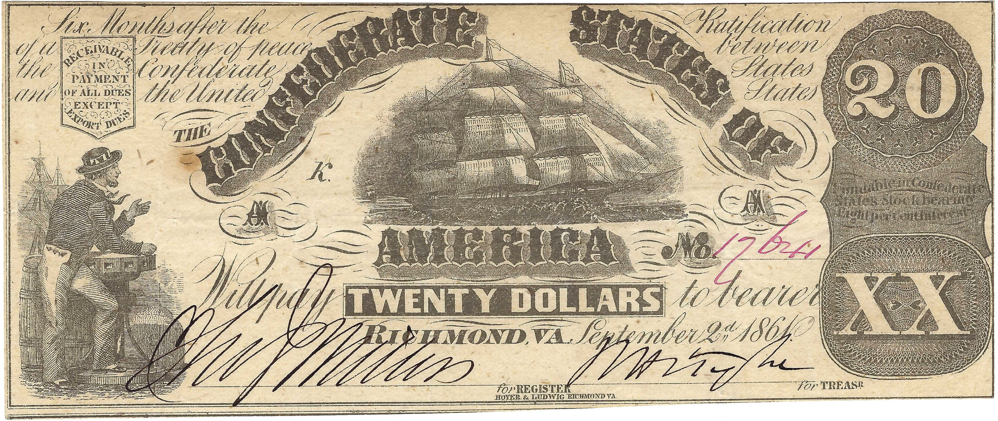 1864 $20 Confederate States of America, Richmond Virginia, Circulated Condition