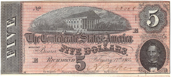 1864 $5 Confederate States of America Currency, Richmond Virginia, Uncirculated Condition