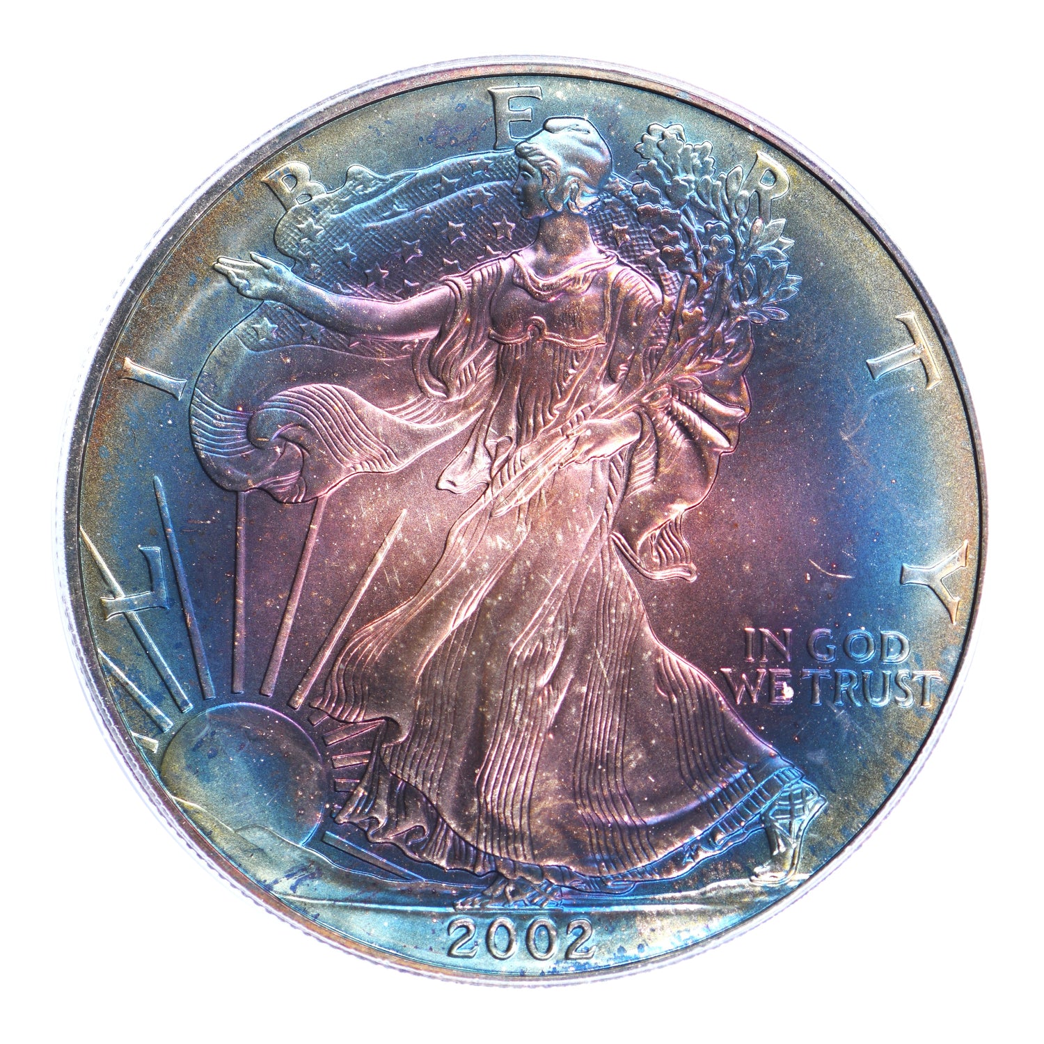 2002 American Silver Eagle, PCGS MS68 Rainbow Toning