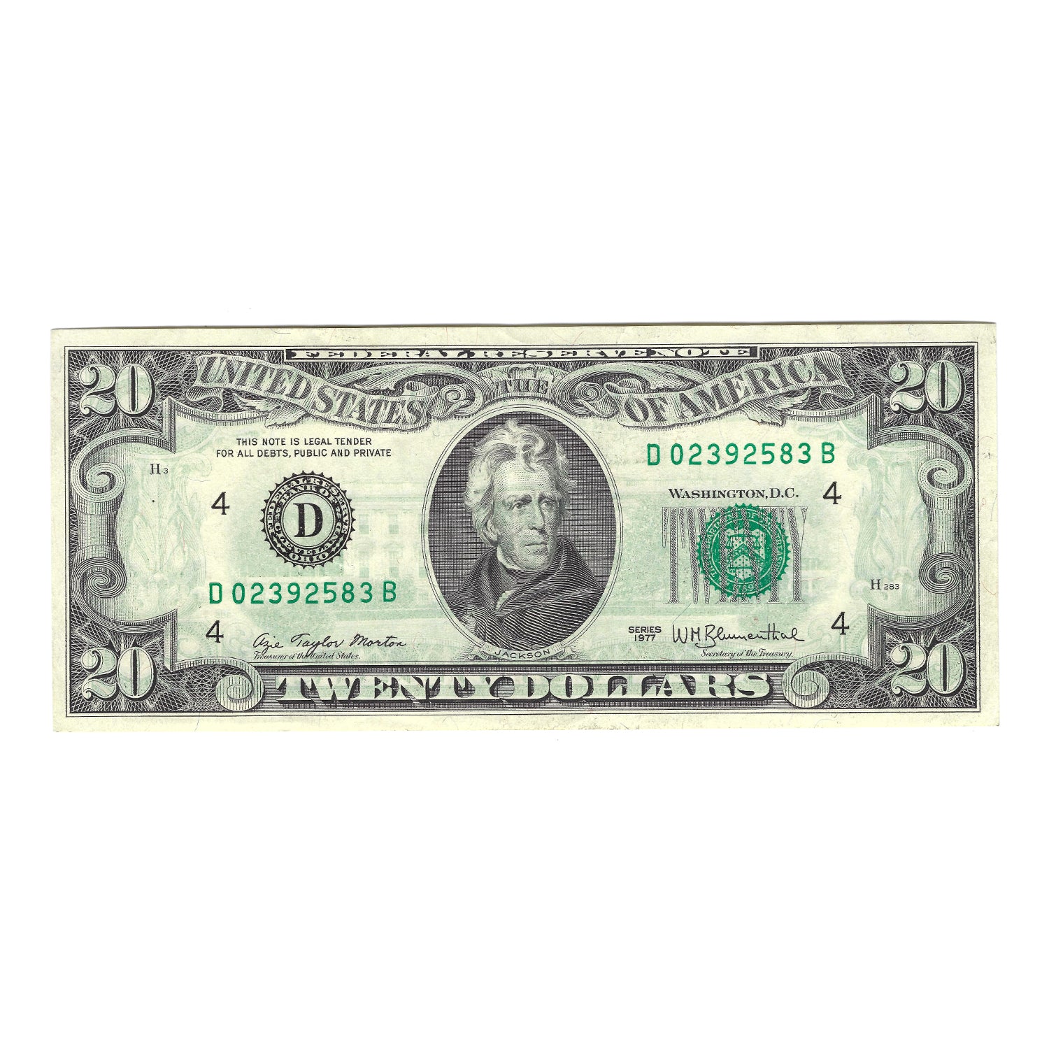1977 $20 Sm Size Federal Reserve Note, Morton-Blumenthal, Wet Ink Transfer Error, UNC