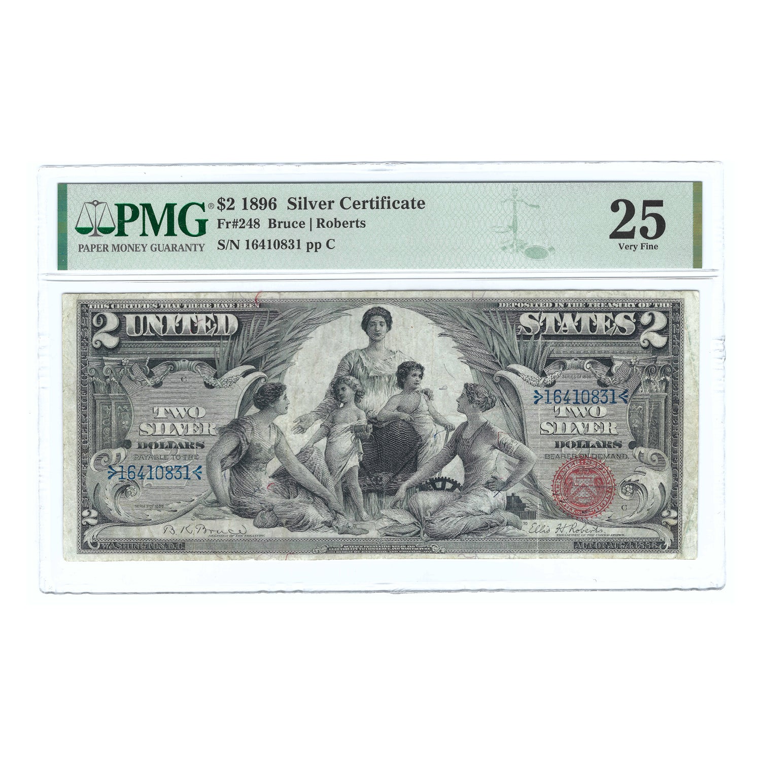1896 $2 Large Size Silver Certificate, Bruce-Roberts, PMG 25 Very Fine