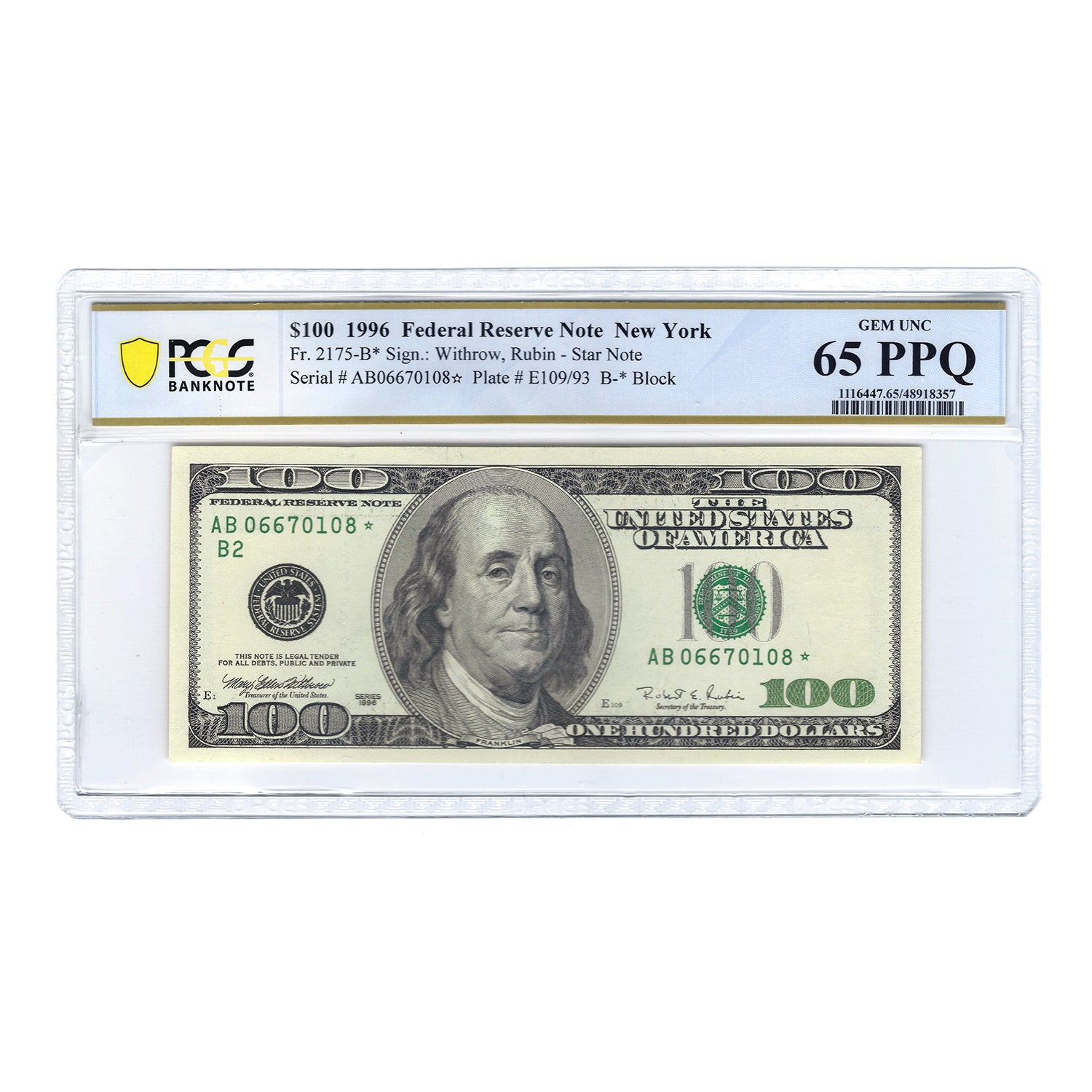1996 $100 Sm Size Federal Reserve Note, NY, Withrow-Rubin PCGS Gem Unc 65 PPQ
