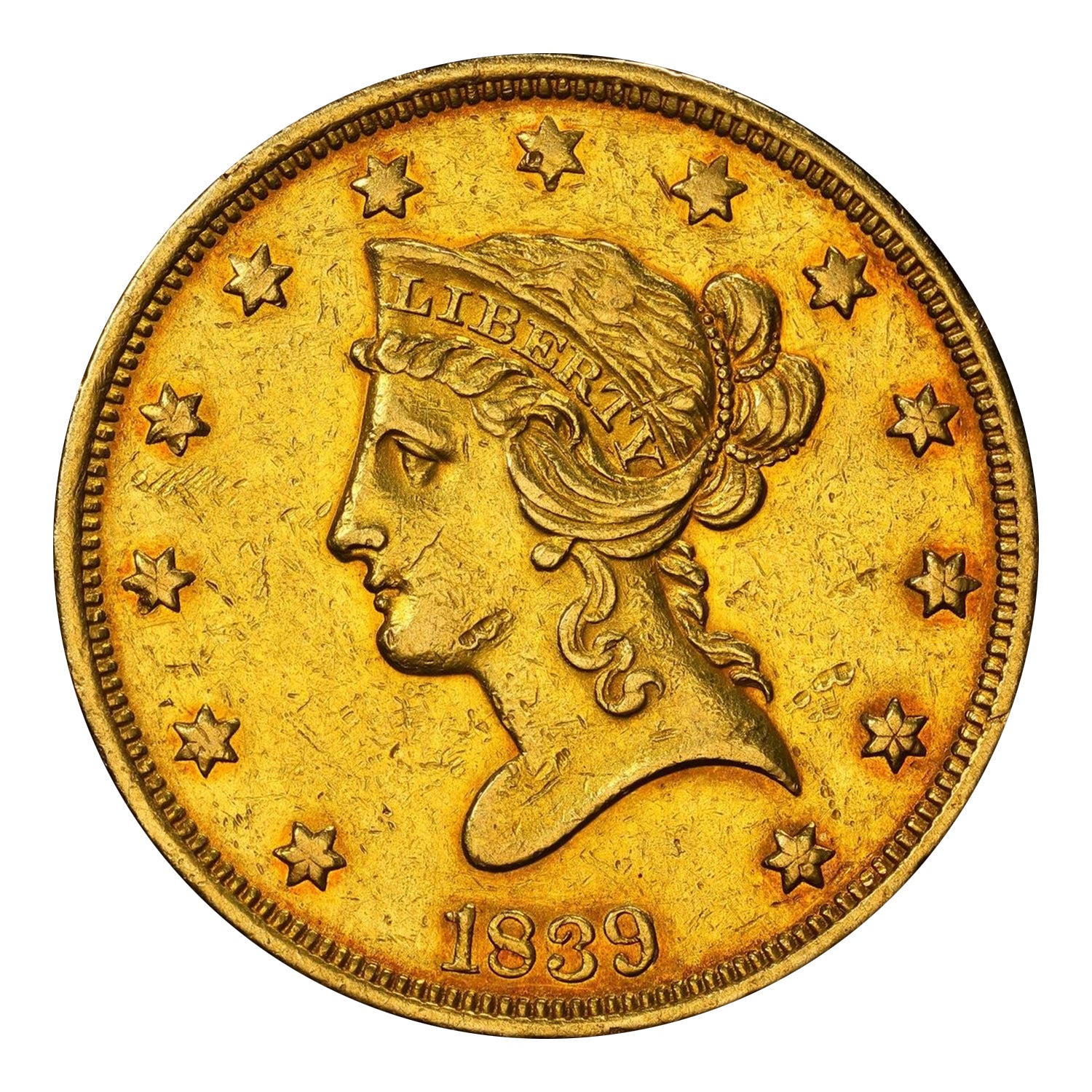 1839/8 $10 Gold Liberty Head, Type of 1838 PCGS AU Details