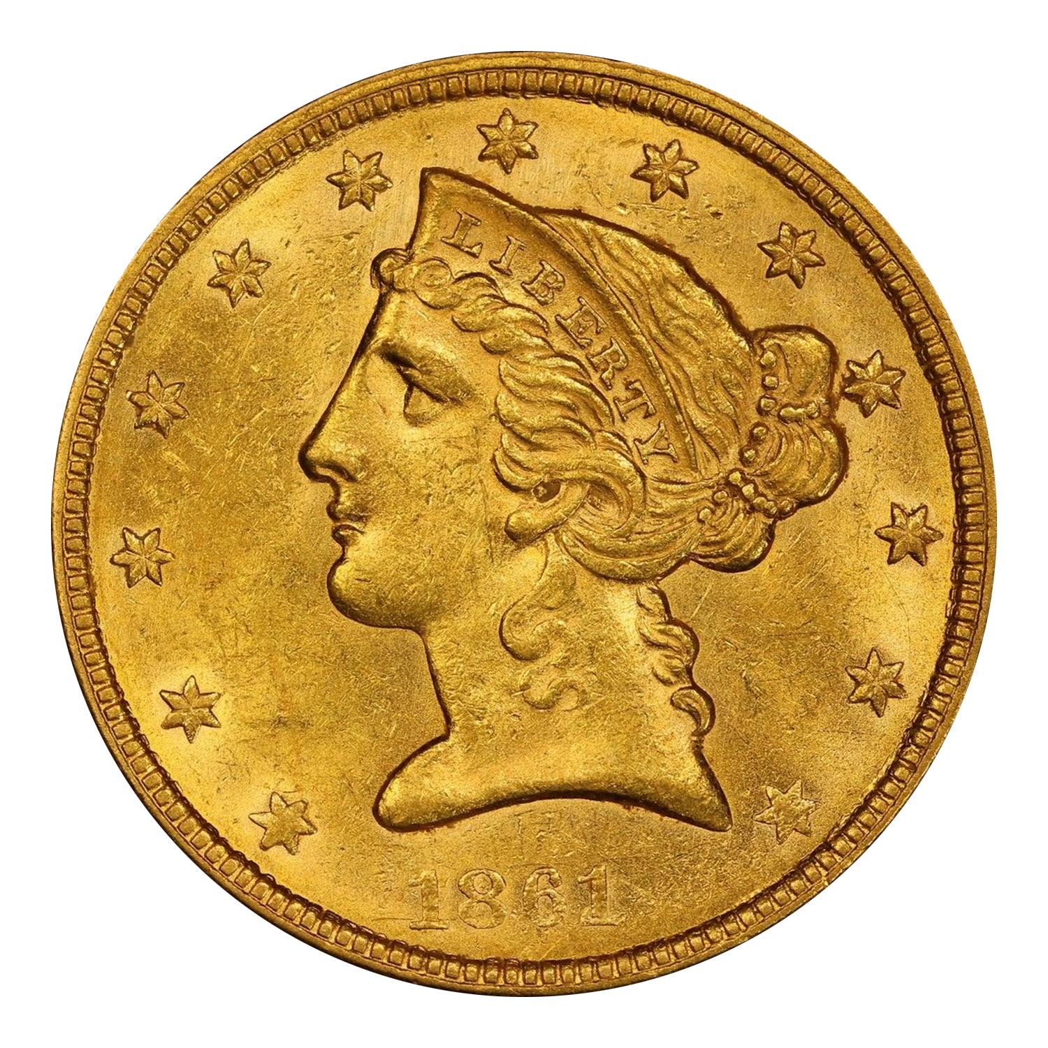 1861 $5 Gold Liberty Head Half Eagle PCGS MS60