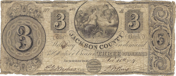 1837 $3 Obsolete Bank Note, The Jackson County Bank, Jacksonburgh Michigan, Circulated Condition
