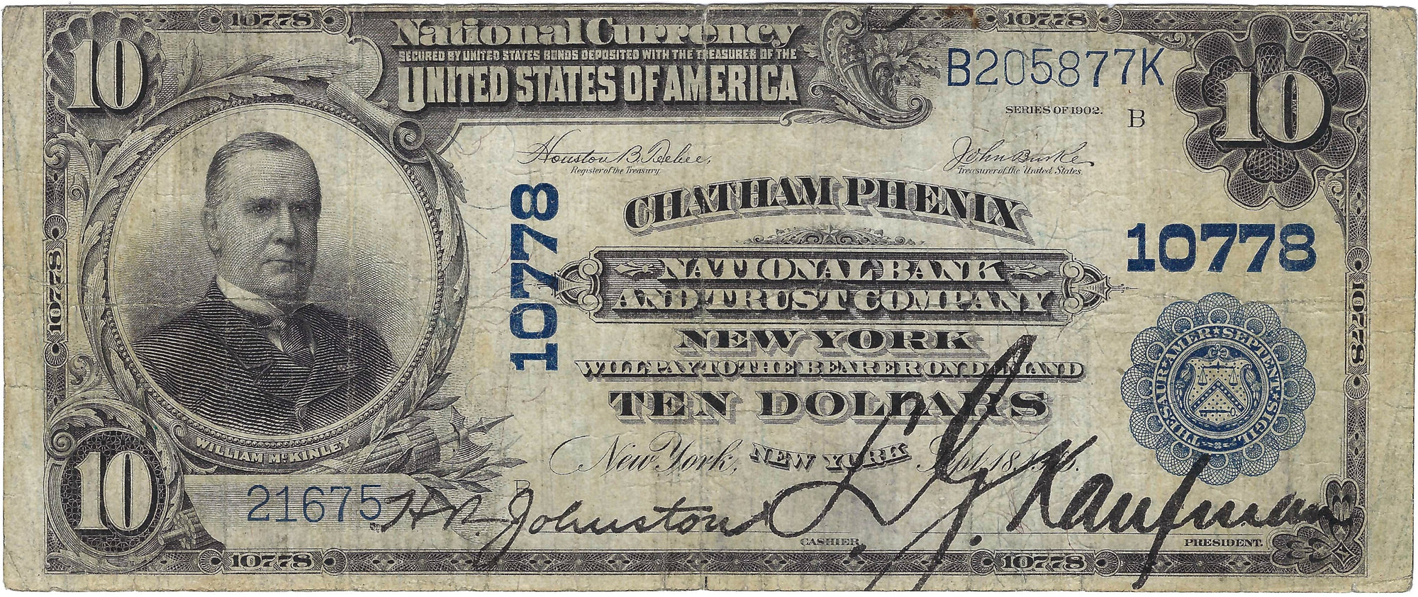 1902 $10 Large size National Bank Note, NB & Trust Co., Catham Phenix NY, Circulated