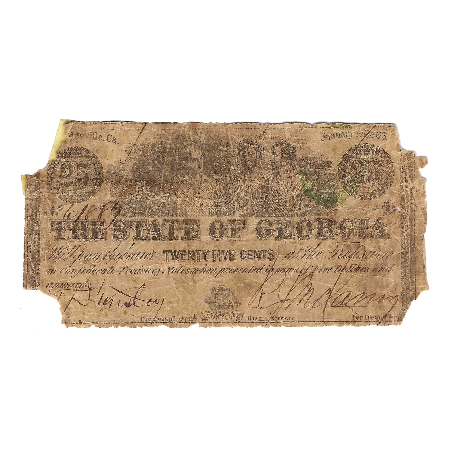 1863 25 Cent Obsolete Bank Note, State of Georgia, Circulated Condition