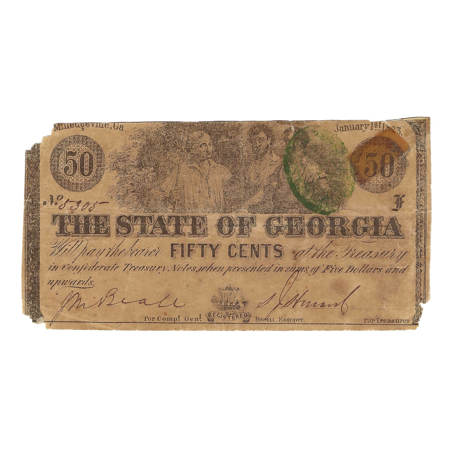 1863 50 Cent Obsolete Bank Note, State of Georgia, Circulated Conditon