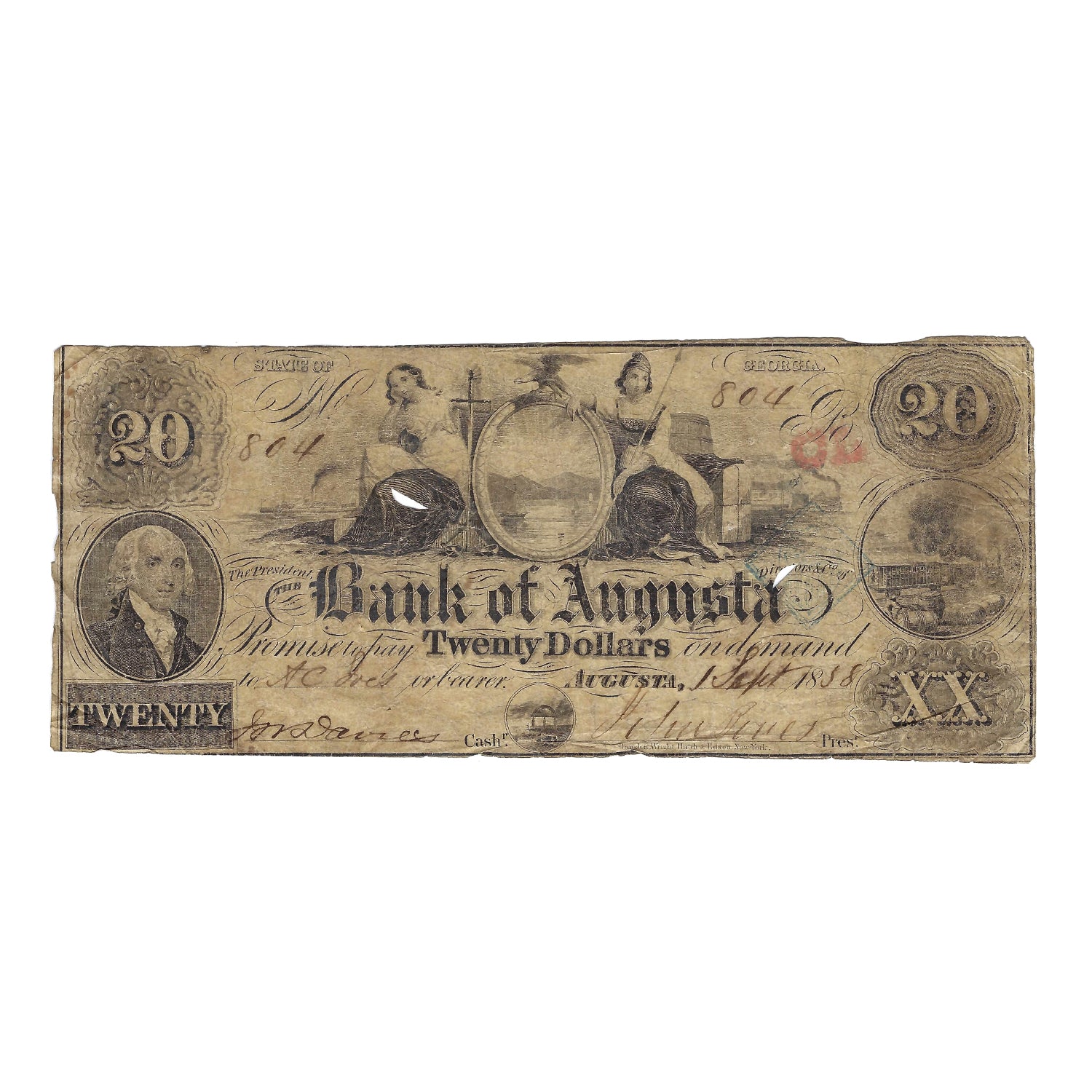 1858 $20 Obsolete Bank Note, Bank of Augusta, GA Circulated Condition