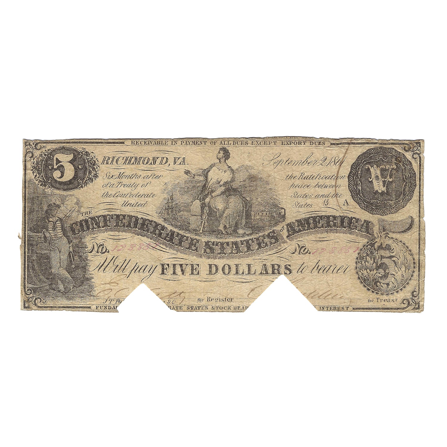 1861 $5 Obsolete Bank Note, Confederate State of America, Circulated Condition