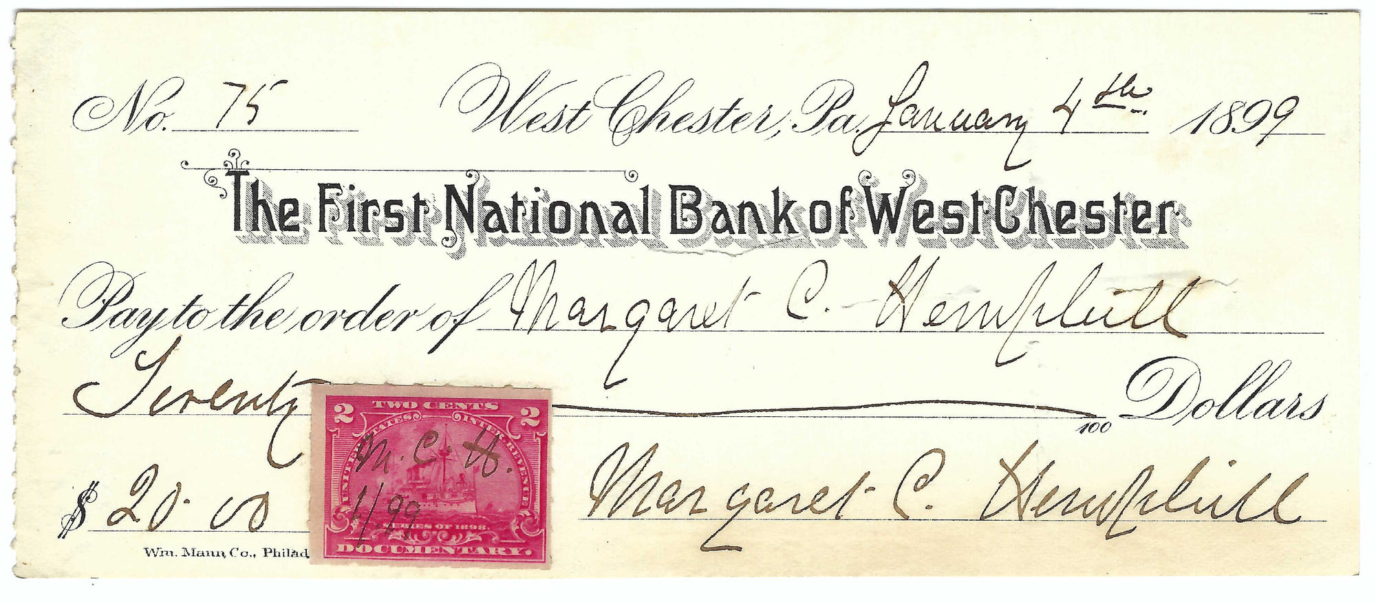 1899 Vintage Bank Check - First National Bank - West Chester, Pennsylvania