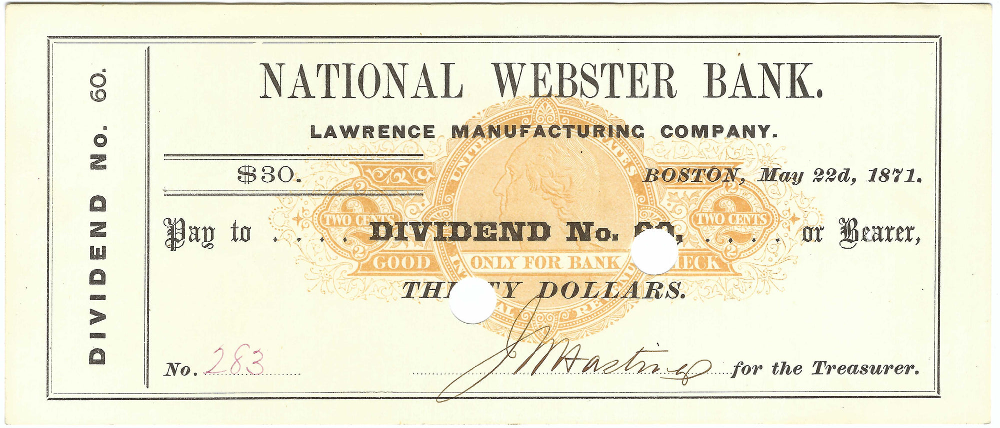 1871 Vintage Bank Check - National Webster Bank - Boston, Massachusetts