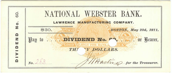 1871 Vintage Bank Check - National Webster Bank - Boston, Massachusetts