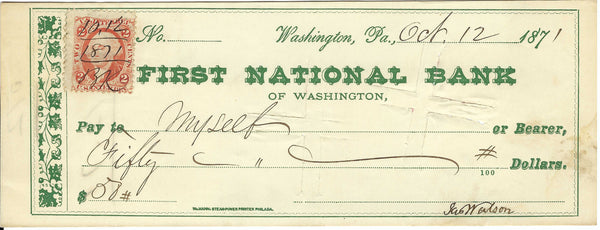 1871 Vintage Bank Check - First National Bank - Washington, Pennsylvania