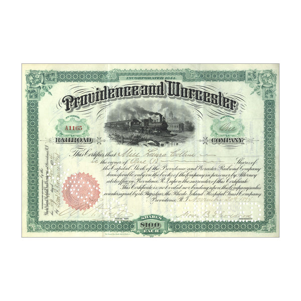 Providence & Worcester Railroad Co. Stock // 100 Shares // Green // 1890s