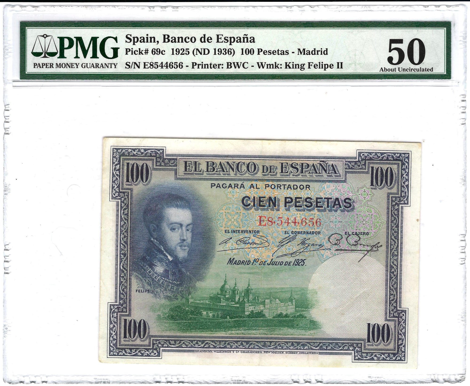 1925 100 Pesetas, Banco de Espana, Spain PMG 50 About uncirculated