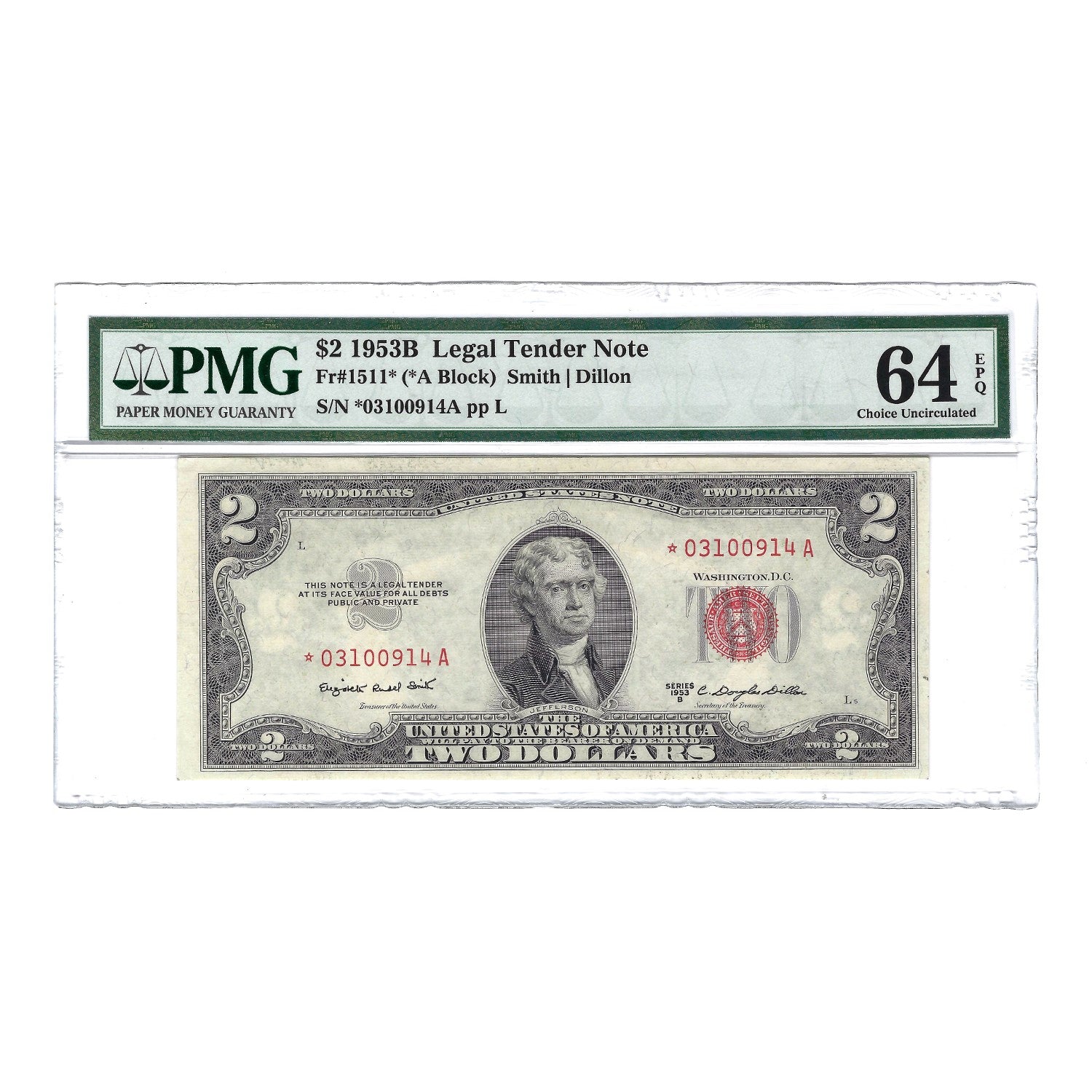 1953-B $2 Sm Size Legal Tender Note, Smith-Dillon, PMG Choice Uncirculated 64 EPQ