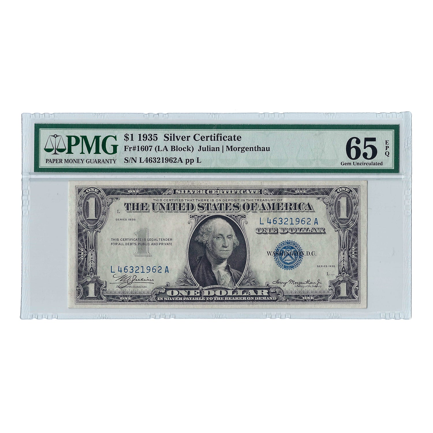 1935 $1 Small Size Silver Certificate, Julian-Morgenthau, PMG Gem Uncirculated 65 EPQ