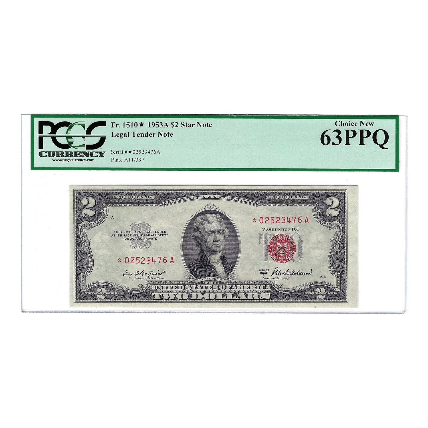 1953-A $2 Small Size Legal Tender Star Note, Priest-Anderson, PCGS Choice New 63PPQ