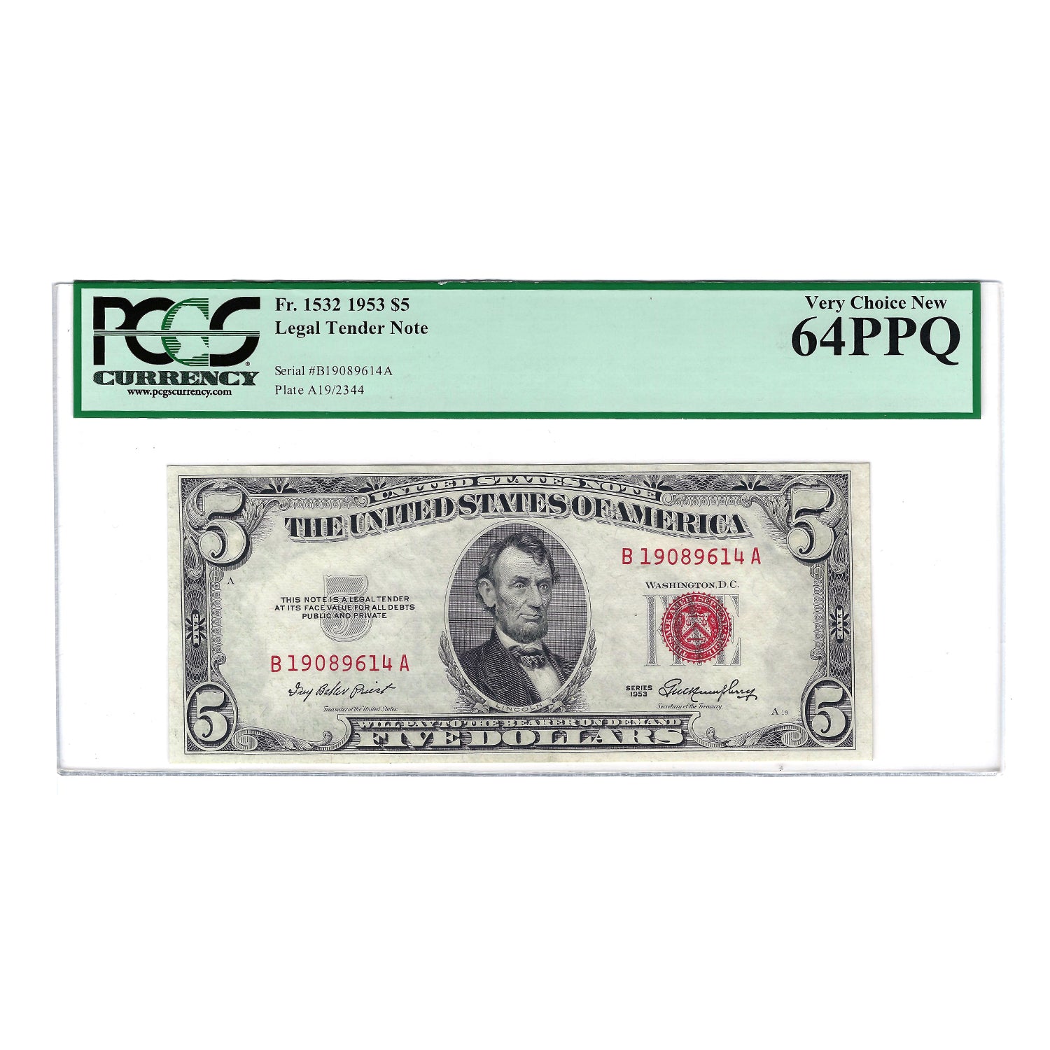 1953 $5 Small Size Legal Tender Note, Priest-Humphrey, PCGS Very Choice New 64 PPQ