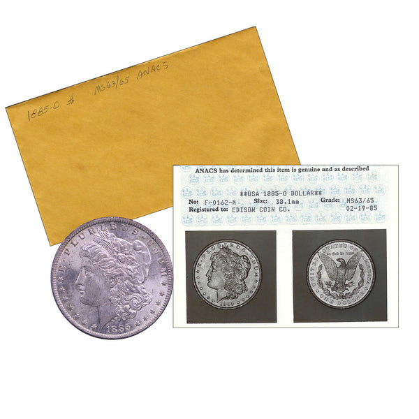 1885-O Morgan Dollar ANACS MS63-65 OLD ANACS CERTIFICATION ENVELOPE