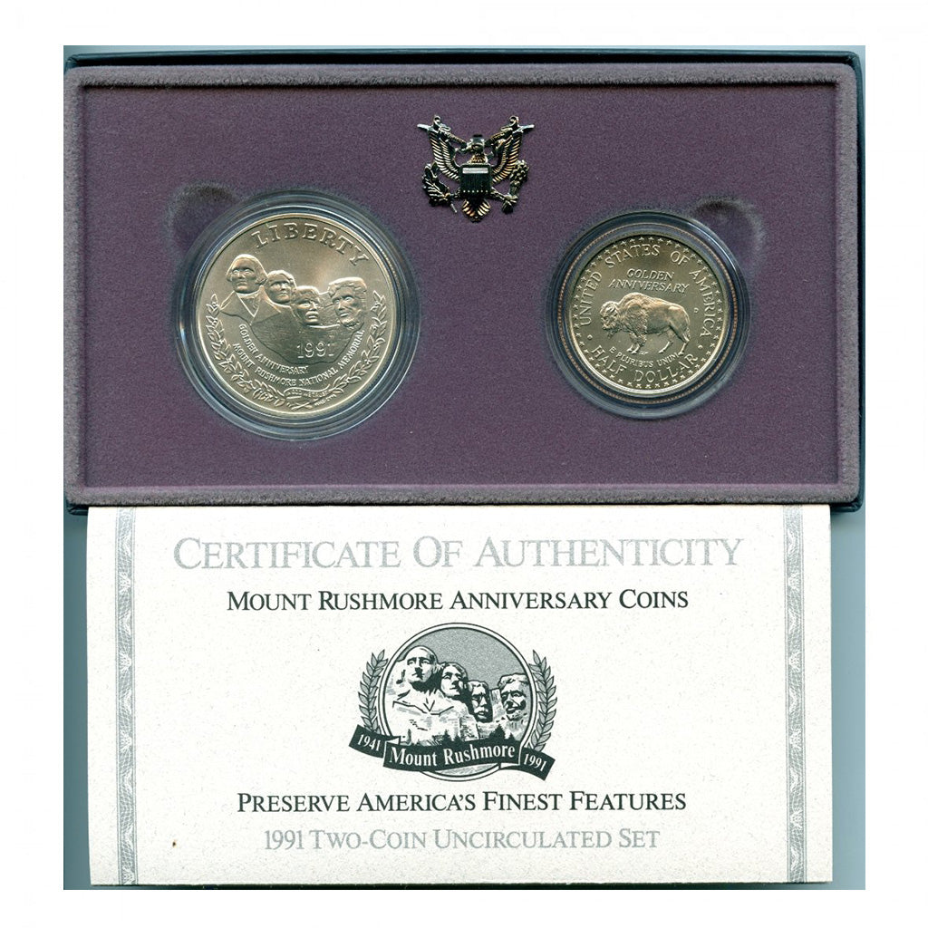 1991 Mt. Rushmore Commemorative Two Coin Set Silver BU