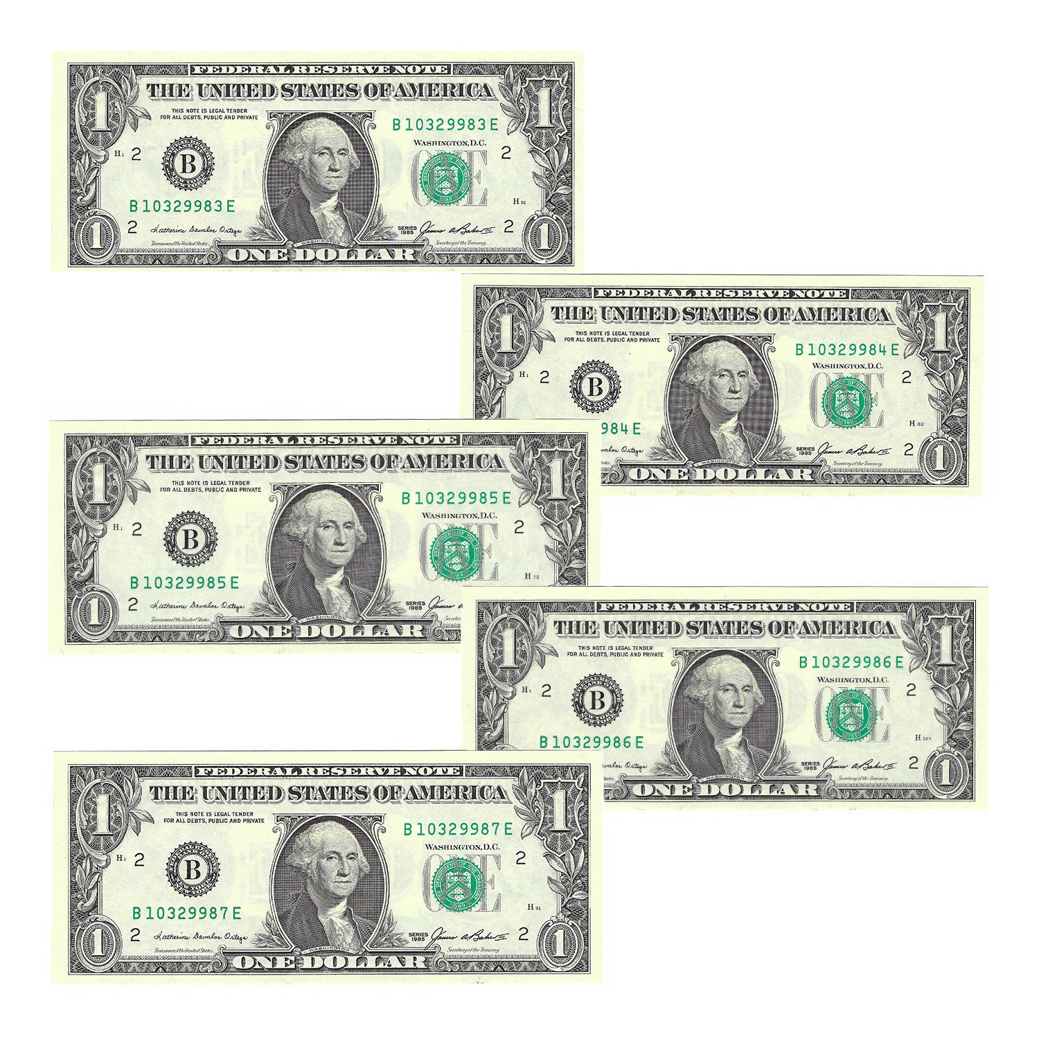 1985 $1 U.S. Federal Reserve Notes // Set of 5 Sequential Serial Numbers // Choice Crisp Uncirculated