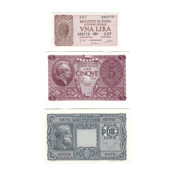 1944 WWII Italy Provisional Government Banknotes, 1-5-10 Lire, Set of 3 Choice Crisp Uncirculated Condition
