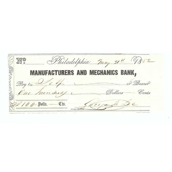 1852 Manufacturers and Mechanics Bank Check Philadelphia, PA Issued