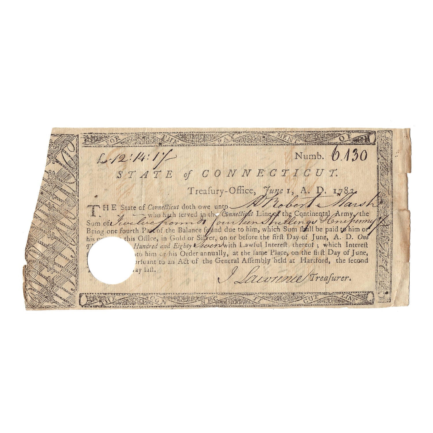 1782 Continental Army Connecticut Line Bond Issued to a Revolutionary War Soldier